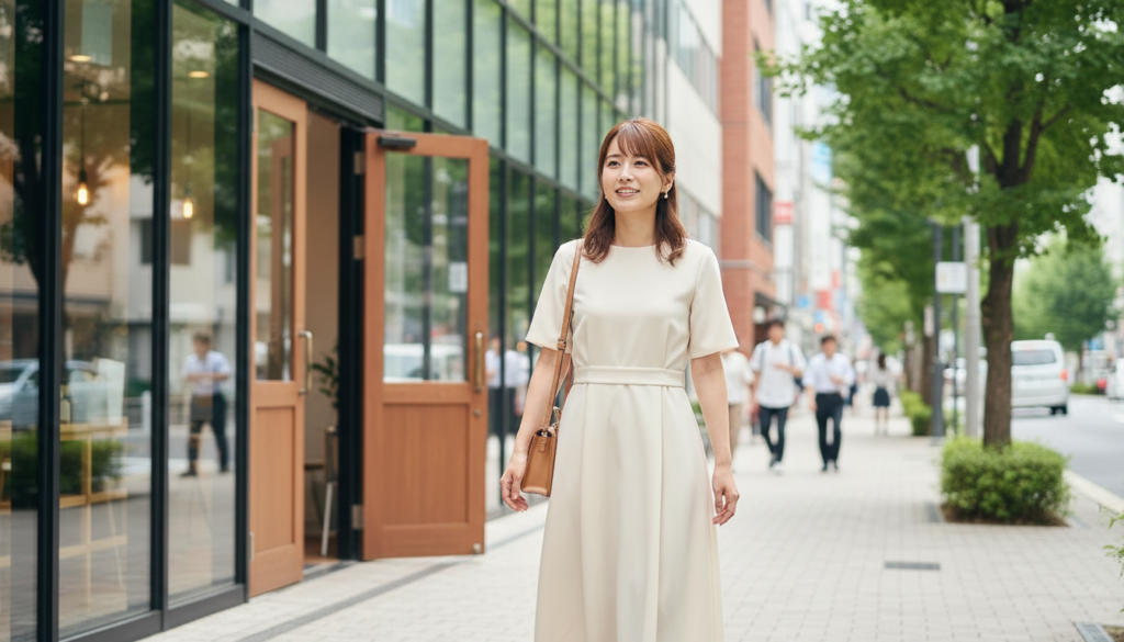 お見合いの待ち合わせのカフェに向かって街中を歩く30代女性