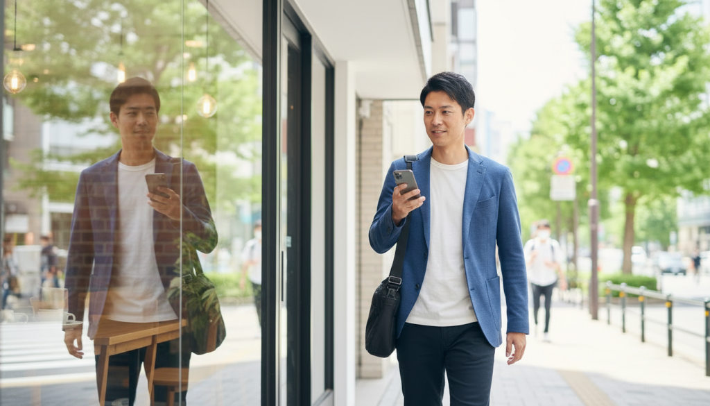 お見合いの待ち合わせのカフェに向かって街中を歩く30代男性