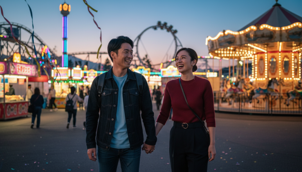 遊園地を楽しむ30代の男女