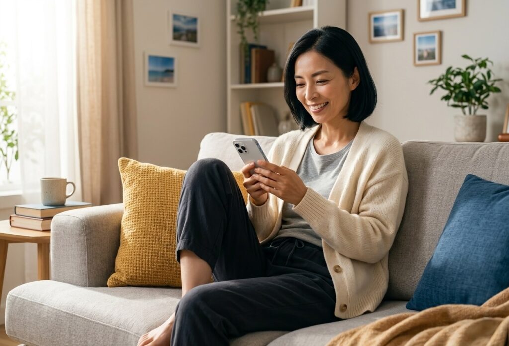ゴールデンウィーク（GW）にスマートフォンの婚活アプリをチェックする女性